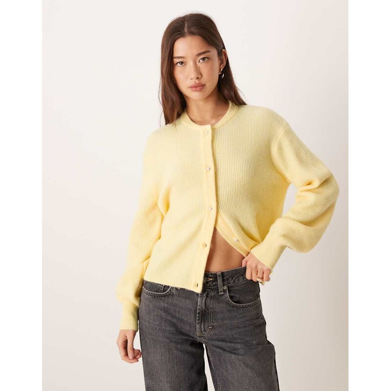 JDY ribbed cardigan with pearl buttons in pastel yellow