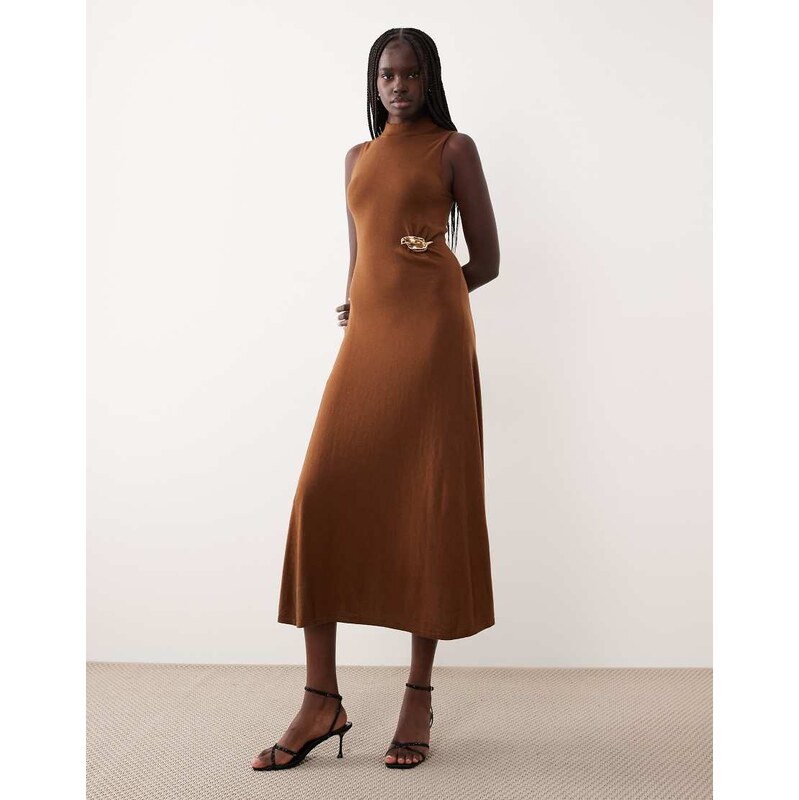 Mango sleeveless maxi dress with hardware detail in mid brown