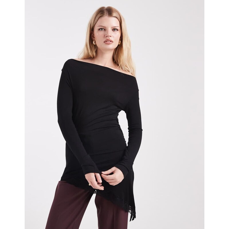 Miss Selfridge lace trim slinky asym top-Black