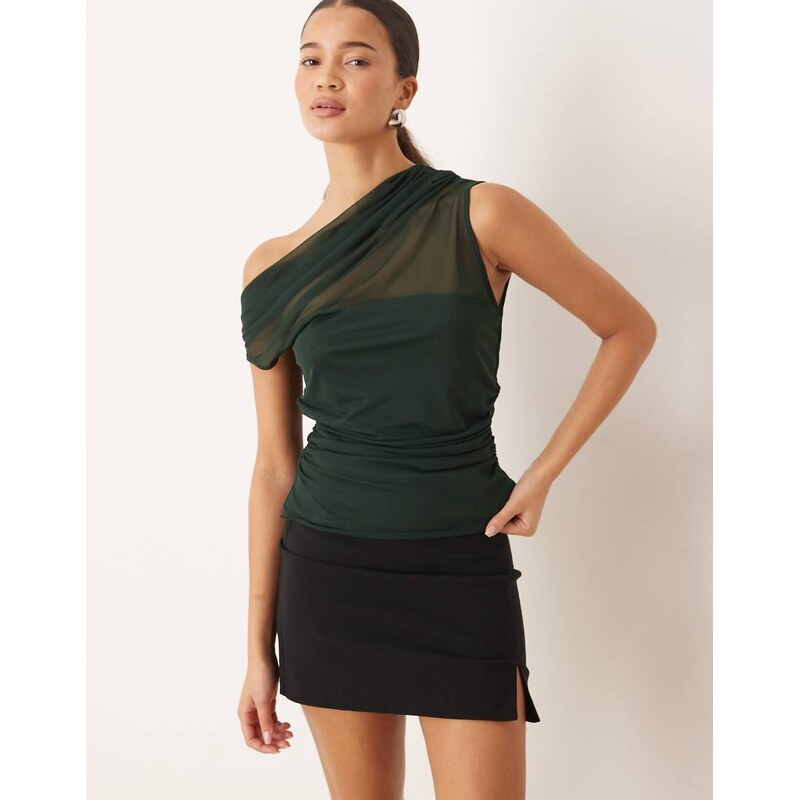 Mango asymmetric mesh top in green 111512555