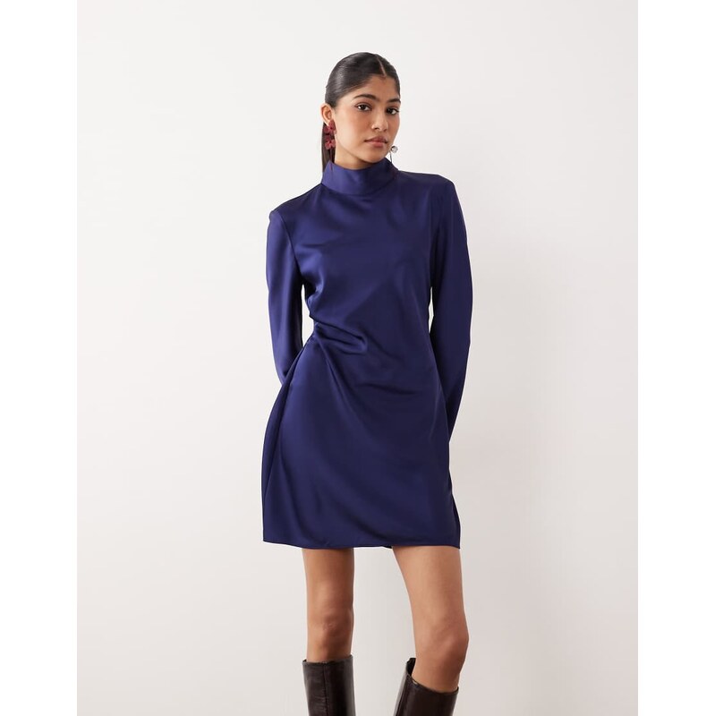 Mango high neck satin long sleeve ruched side mini dress in