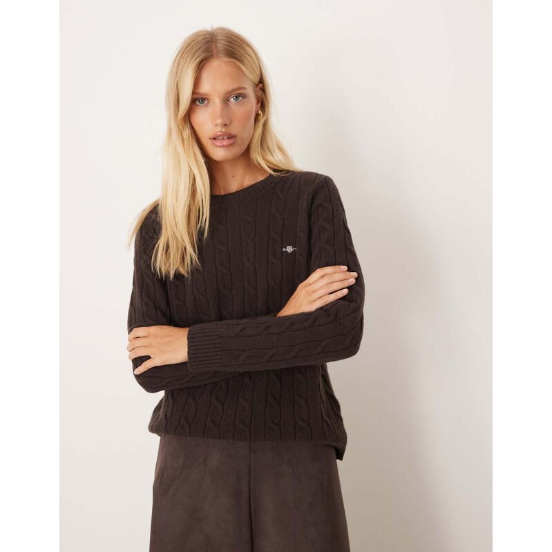 GANT pure lambswool cable knit jumper in dark brown 111346232