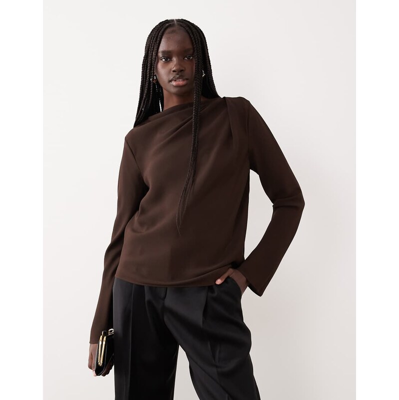 Mango drape neck long sleeve top in chocolate-Brown 111346290