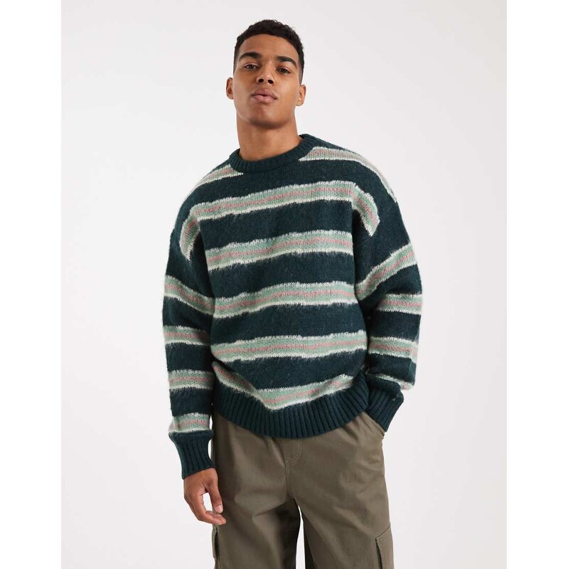 Cotton On box fit fuzzy crew knit in green stripe