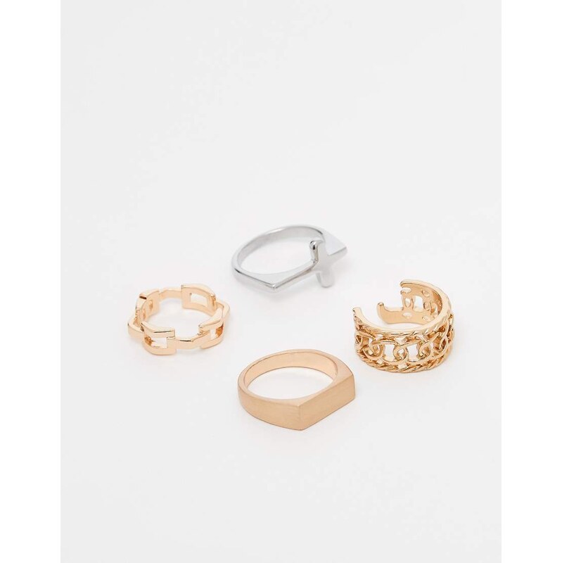 ASOS DESIGN 4 pack cross and chain signet ring in gold 115519861