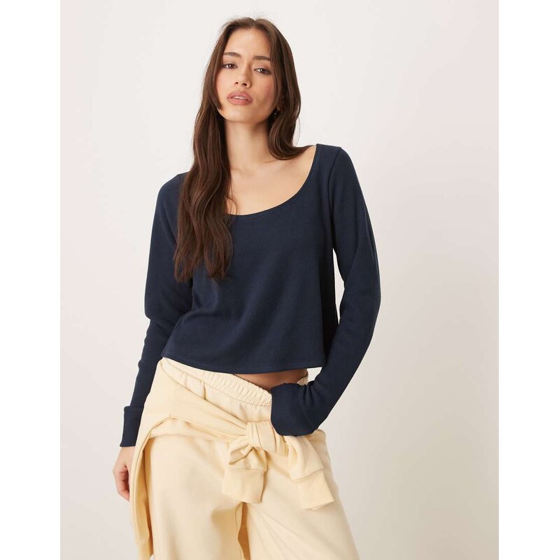Hollister Gilly Hicks long sleeve waffle top in navy 111850943