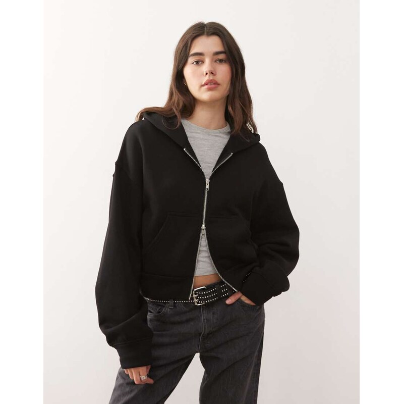 Weekday oversized boxy fit zip through hoodie in black 112069173