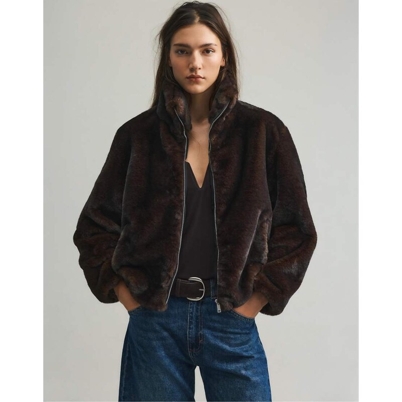 Pull&Bear Faux fur high neck jacket in brown 112069208