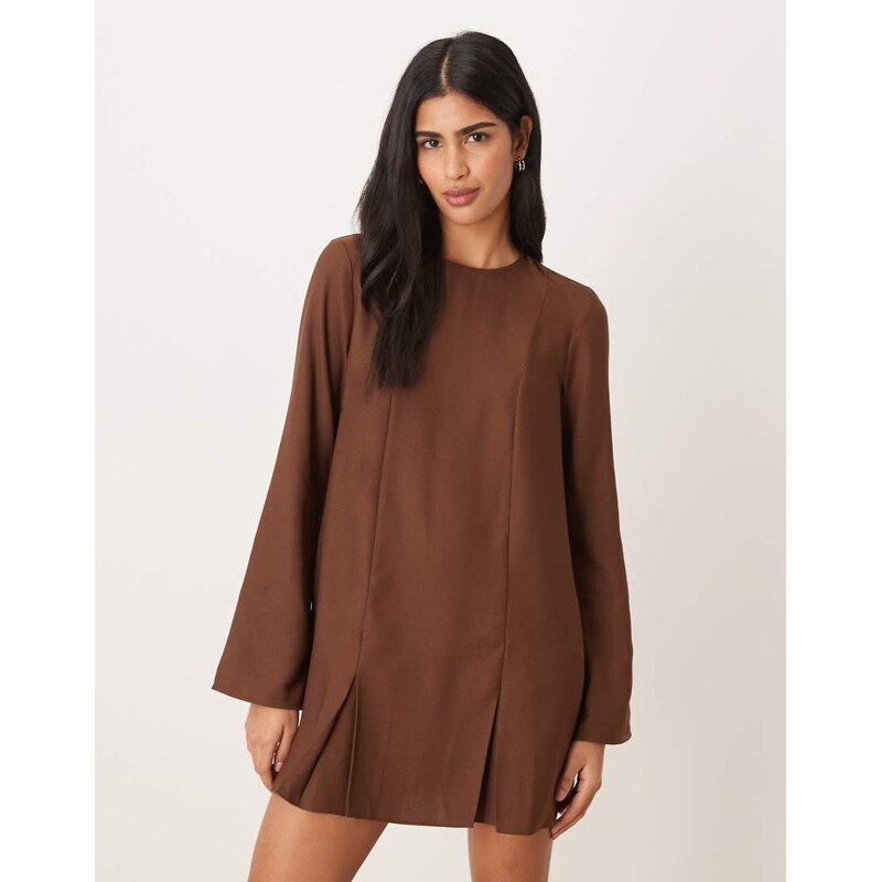 ASOS DESIGN long sleeve godet mini dress in chocolate-Brown