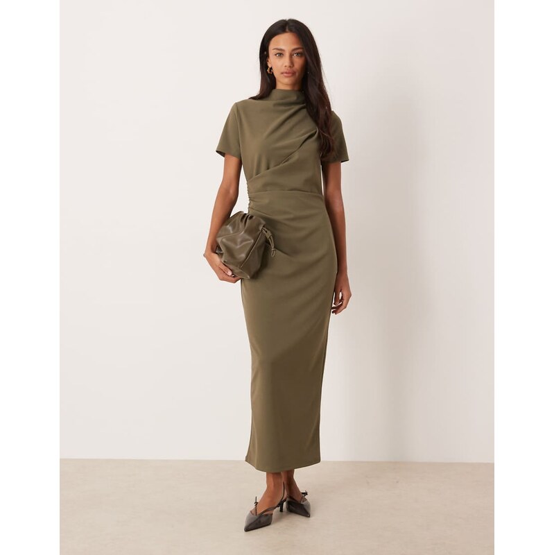 ASOS DESIGN pleated drape high neck midaxi dress in khaki-Green