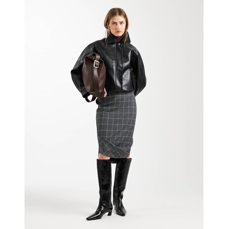 ASOS DESIGN tuck detail pencil skirt in grey check-Multi