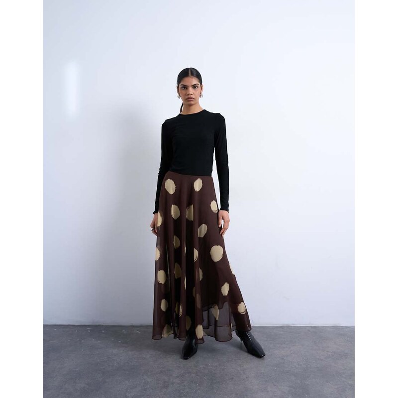 Topshop Chiffon full maxi skirt in choc spot-Brown