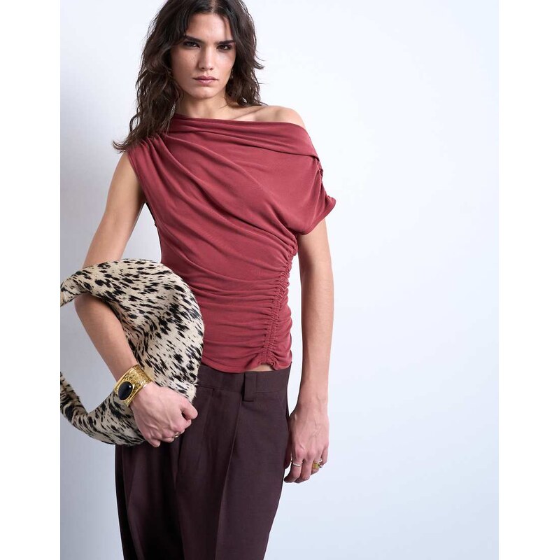 Topshop cupro ruched detail top in rust red