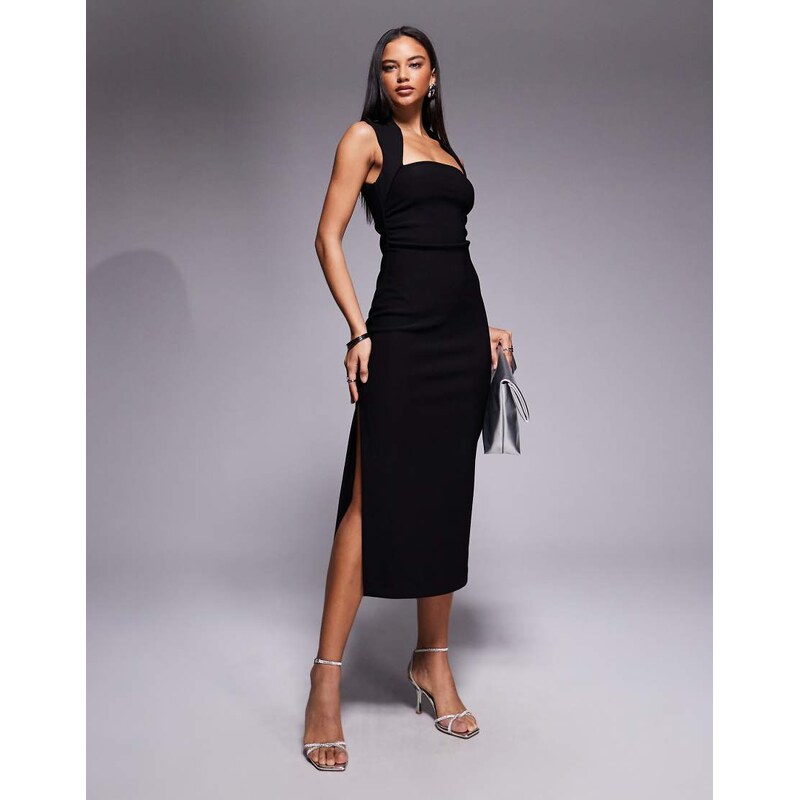 Forever New stretch bodycon cutaway neck midi dress in black 115691662