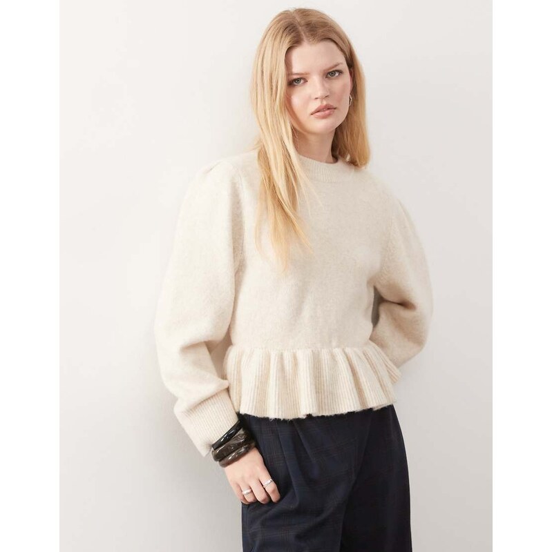 Monki peplum ruffle knit jumper in cream-White 115519722