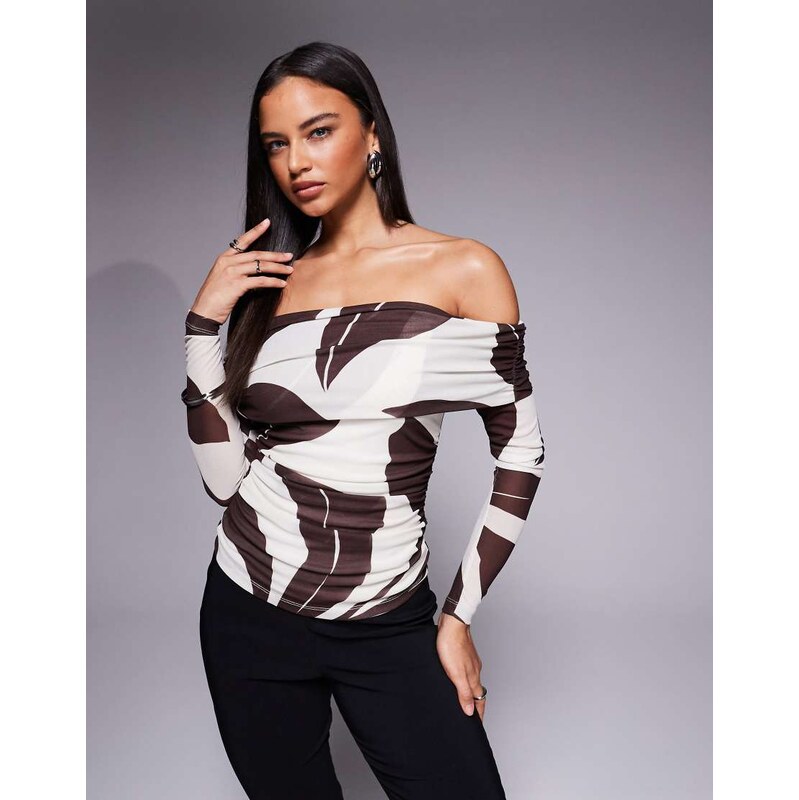 Forever New mesh off the shoulder co-ord top in brown abstract