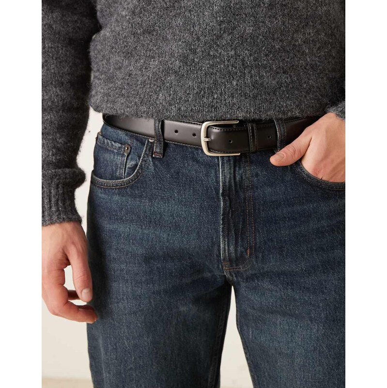 ASOS DESIGN smart leather belt with silver buckle in black