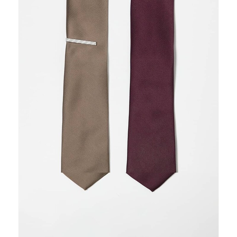 ASOS DESIGN 2 pack satin ties with tie bar in burgundy and stone-Multi 115515662