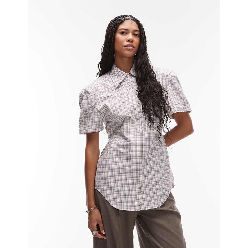 ASOS DESIGN shoulder pad short sleeve shirt in brown check