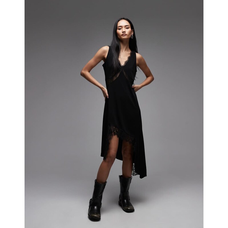 Allsaints lailey asymmetric lace trim dress in black 112167266