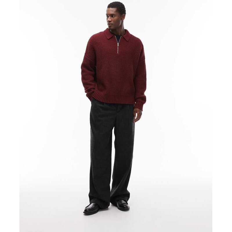 ASOS DESIGN oversized boxy fit heavyweight knitted wool blend quarter zip polo in burgundy-Red