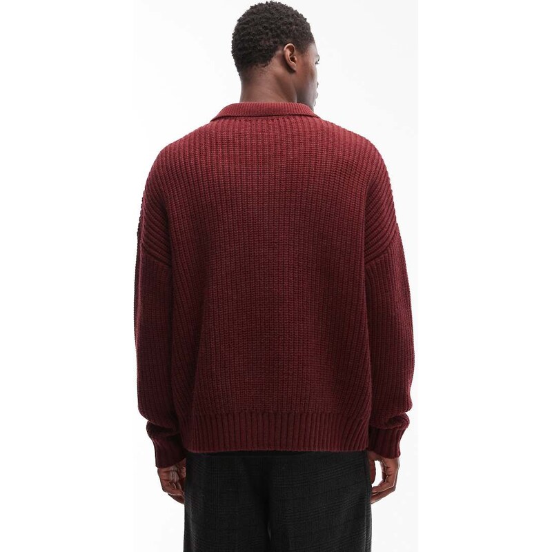 ASOS DESIGN oversized boxy fit heavyweight knitted wool blend quarter zip polo in burgundy-Red