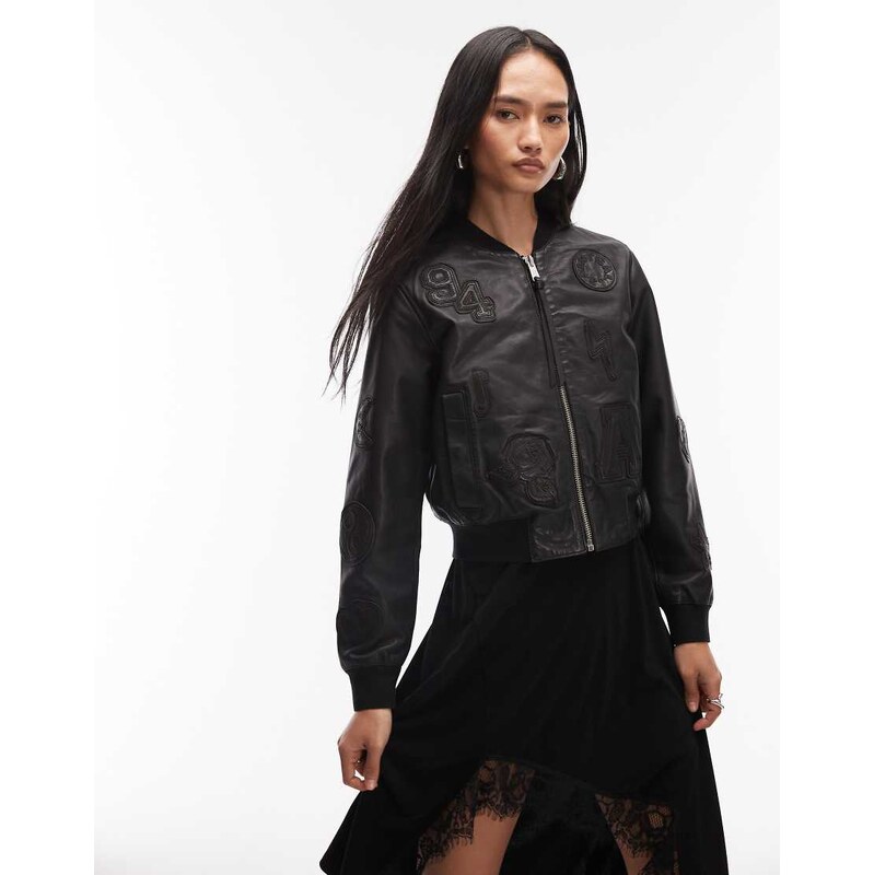 Allsaints cropped orten 94 patch leather bomber in black 112671026