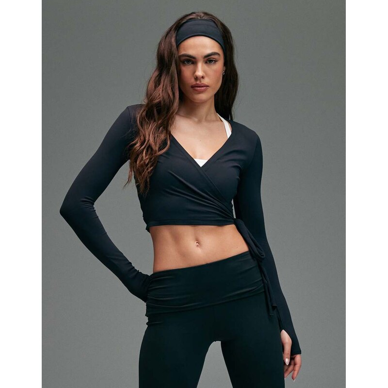 4505 plush handle ballet wrap long sleeve top in black