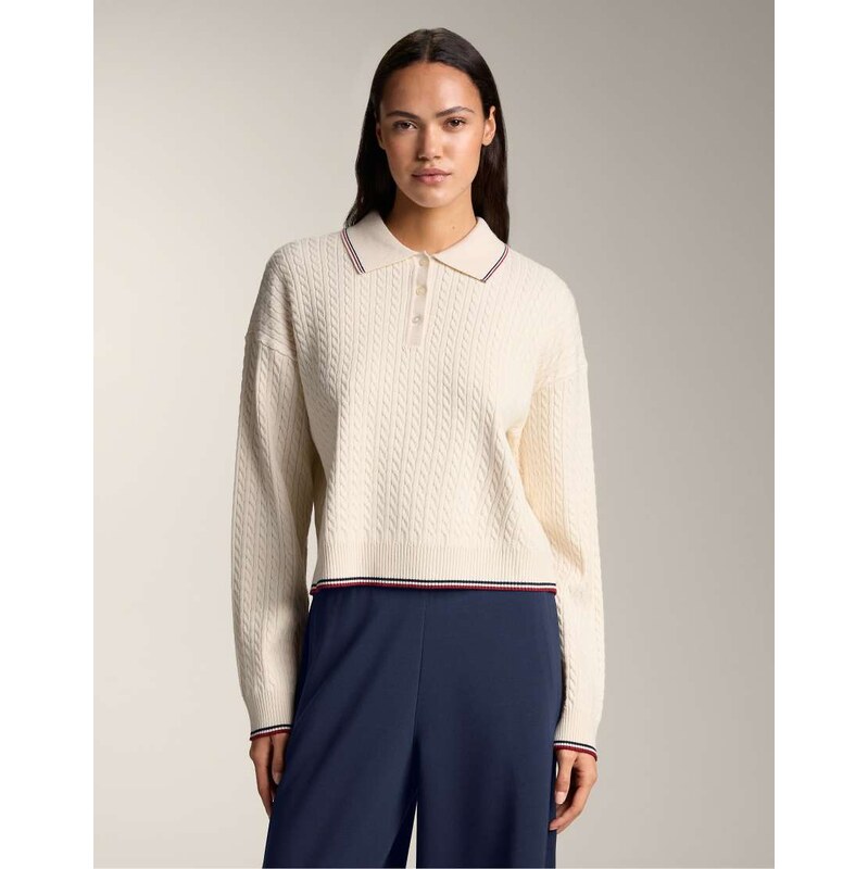 OYSHO Polo neck mini cable knit jumper in ecru-Neutral 112168664