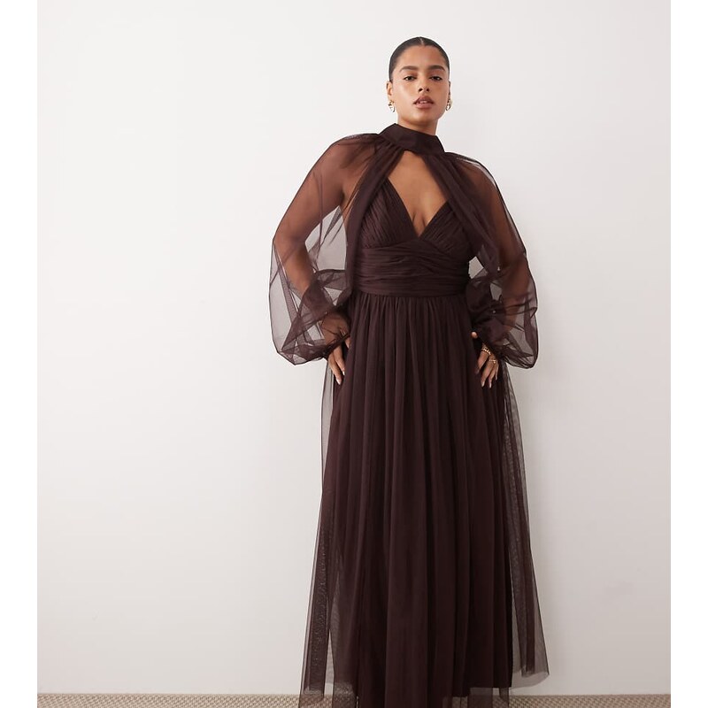 Lace & Beads Plus removable sleeve tulle maxi dress in chocolate-Brown 115567544