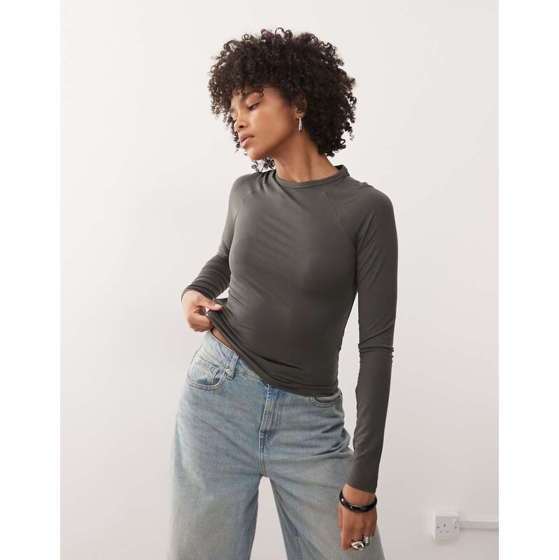 Weekday super soft slim fit long sleeve raglan top in dark grey 112172009