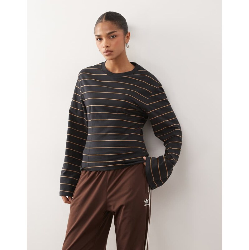 Monki cinched waist long sleeve structured jersey top in black
