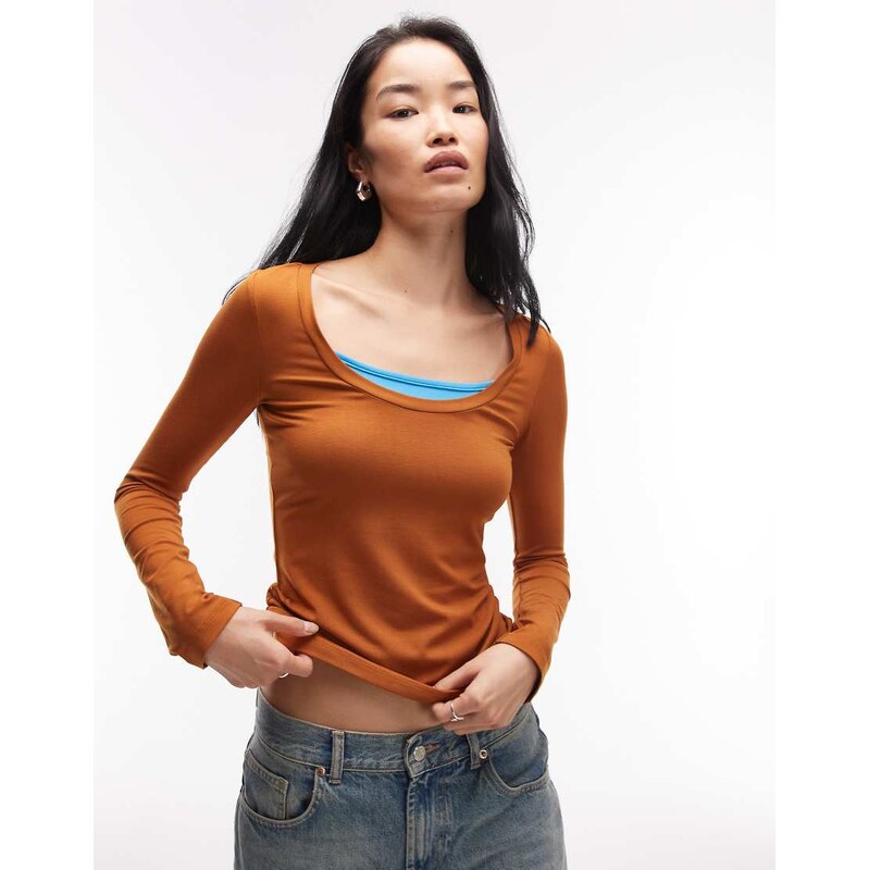 ASOS DESIGN peached feel double layer scoop neck top in brown