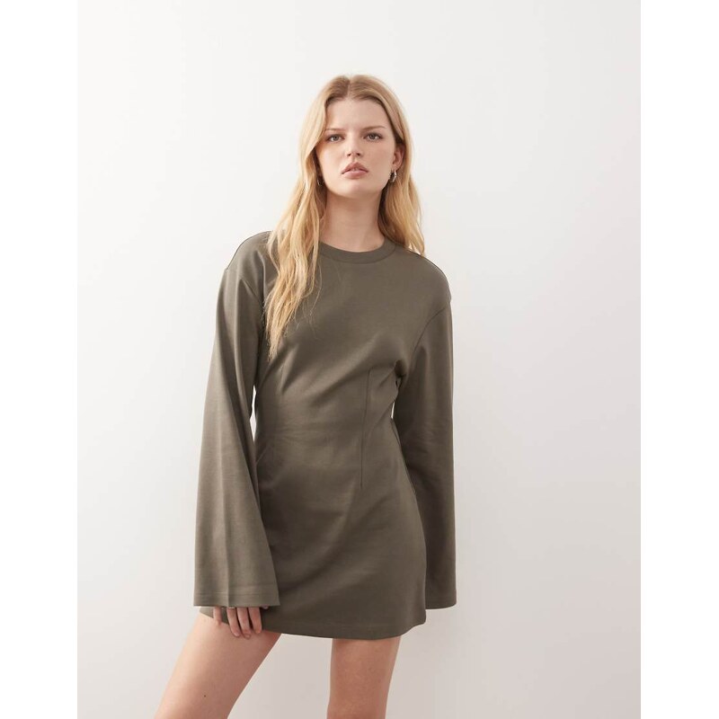 Monki cinched waist long sleeve mini dress in khaki-Green