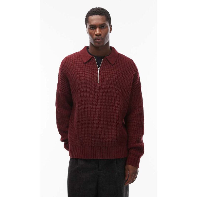 ASOS DESIGN oversized boxy fit heavyweight knitted wool blend quarter zip polo in burgundy-Red