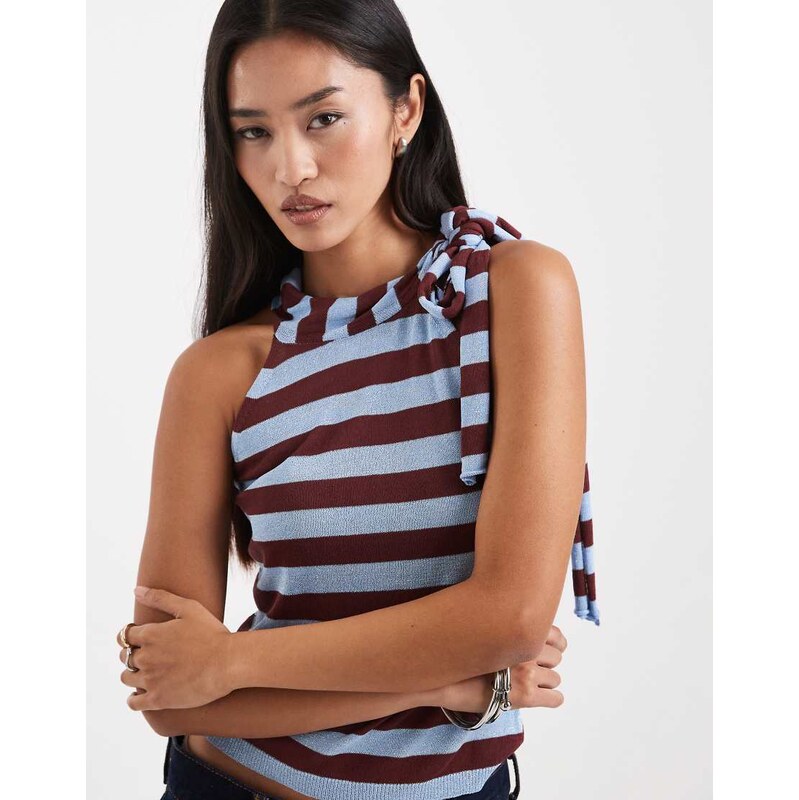 COLLUSION knitted neck tie top in chocolate and blue shimmer