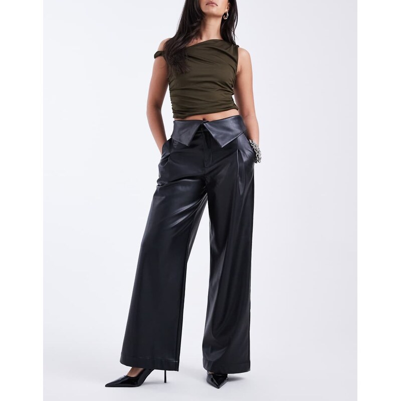 ASOS DESIGN faux leather wide leg trousers with fold over waist detail 107819002