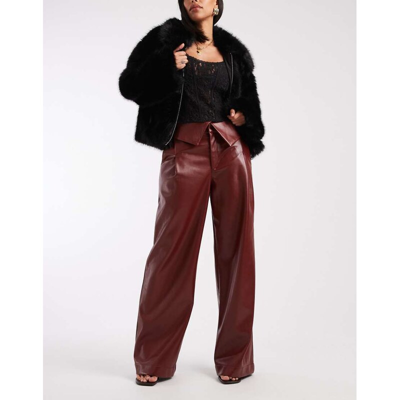 ASOS DESIGN faux leather wide leg trousers with fold over waist