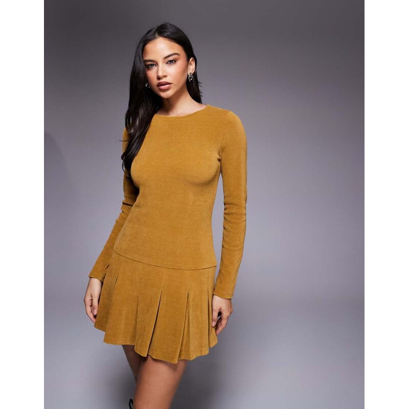 ASOS DESIGN cord drop waist mini dress with pleated skirt in mustard 115517665