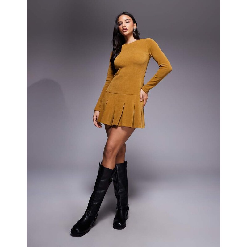 ASOS DESIGN cord drop waist mini dress with pleated skirt in mustard-Yellow