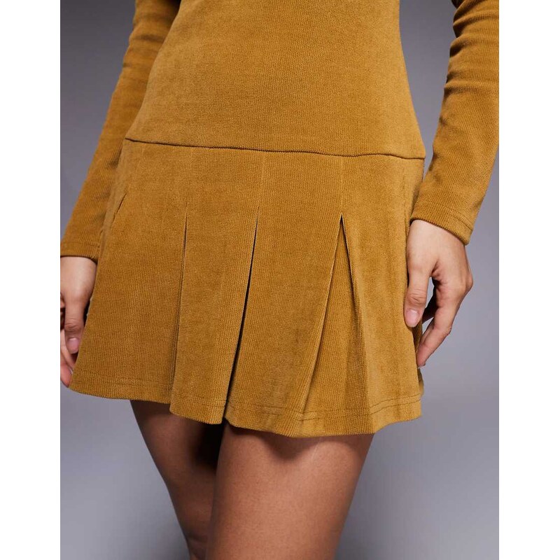 ASOS DESIGN cord drop waist mini dress with pleated skirt in mustard-Yellow
