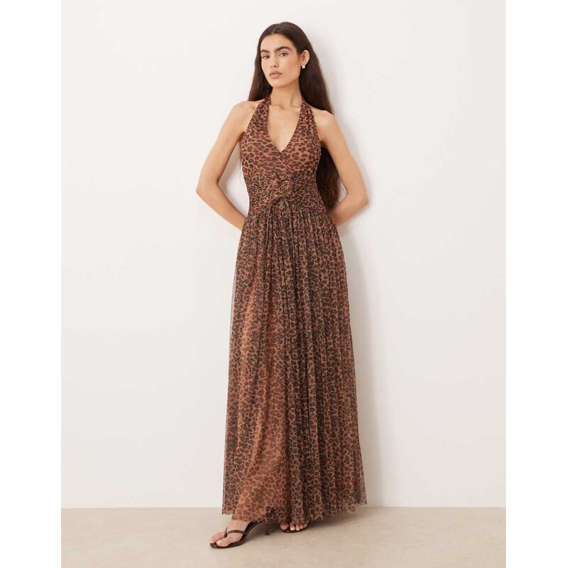Lace & Beads tulle halter lace up corset detail maxi dress in