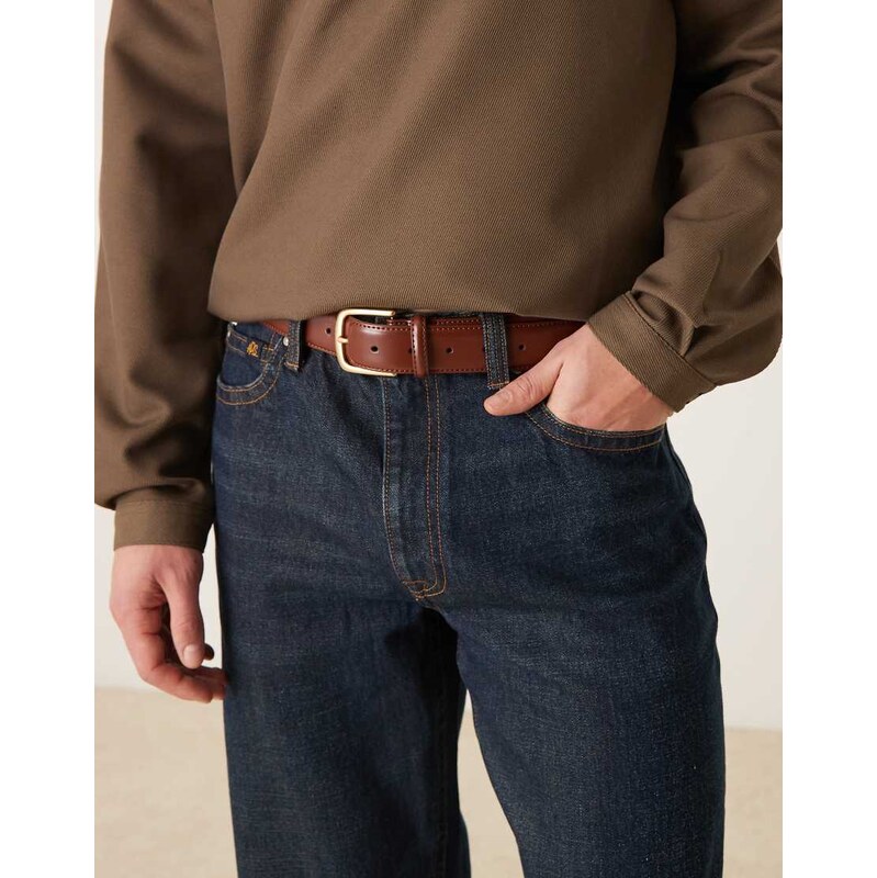 ASOS DESIGN smart leather belt with gold buckle in brown