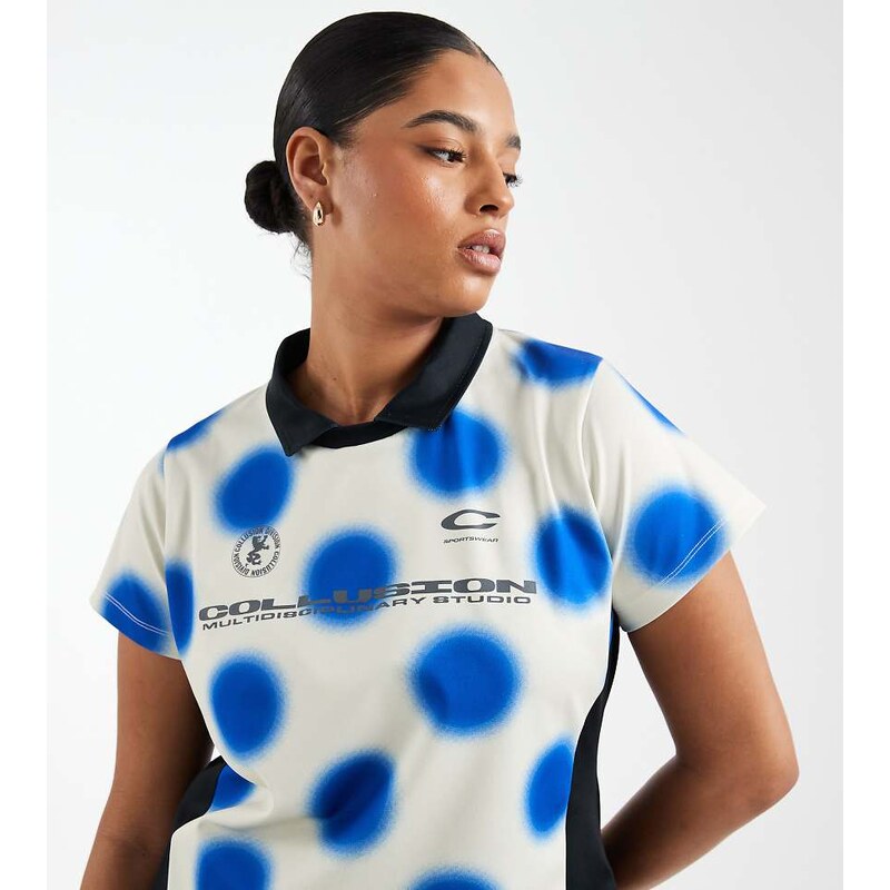COLLUSION plus blurred polka dot fitted football tee in blue