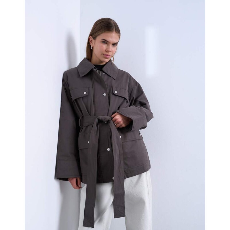 Topshop 4 pocket cotton shacket with quilted lining in chocolate-Brown 112183191