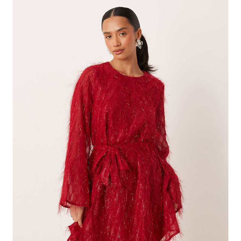 Vila Petite fluffy textured tie waist mini dress in red