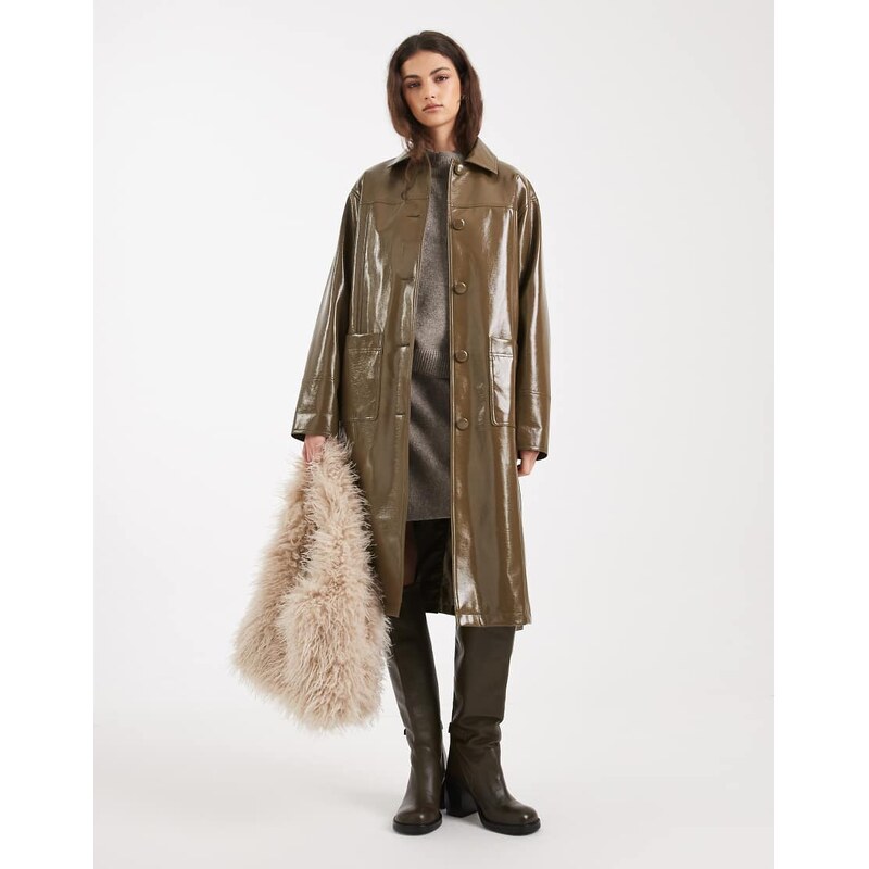 Miss Selfridge vinyl faux leather trench in khaki-Green