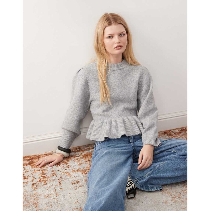 Monki peplum ruffle knit jumper in grey melange