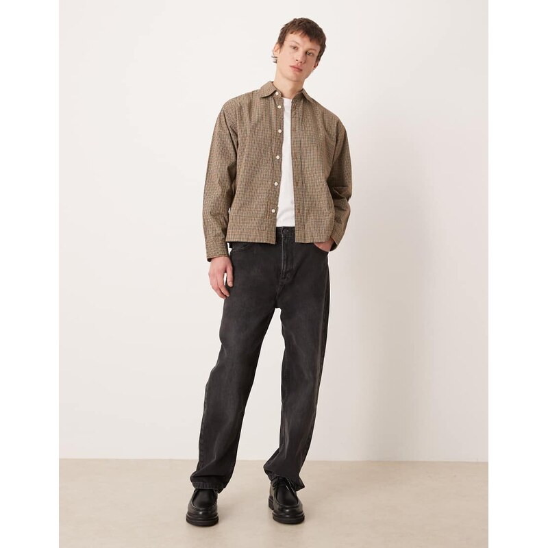 Selected oversized boxy check shirt in brown