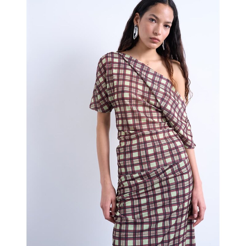 Topshop off shoulder drape mesh top in brown check